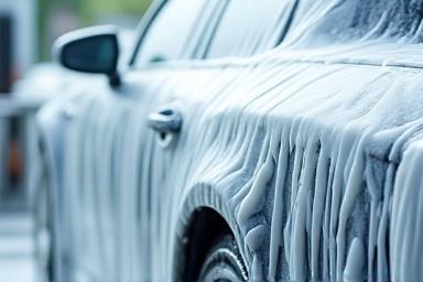 Auto mit Aktivschaum bedeckt während der Eco-Außenwäsche