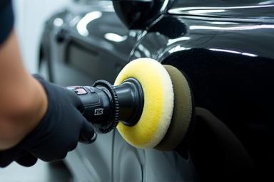 Spezialist poliert den Lack eines Autos für Lackaufbereitung und Wachs