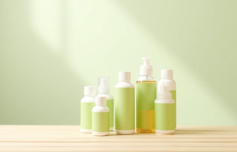 Biologisch abbaubare Flaschen mit Reinigungsmitteln auf einem Holztisch